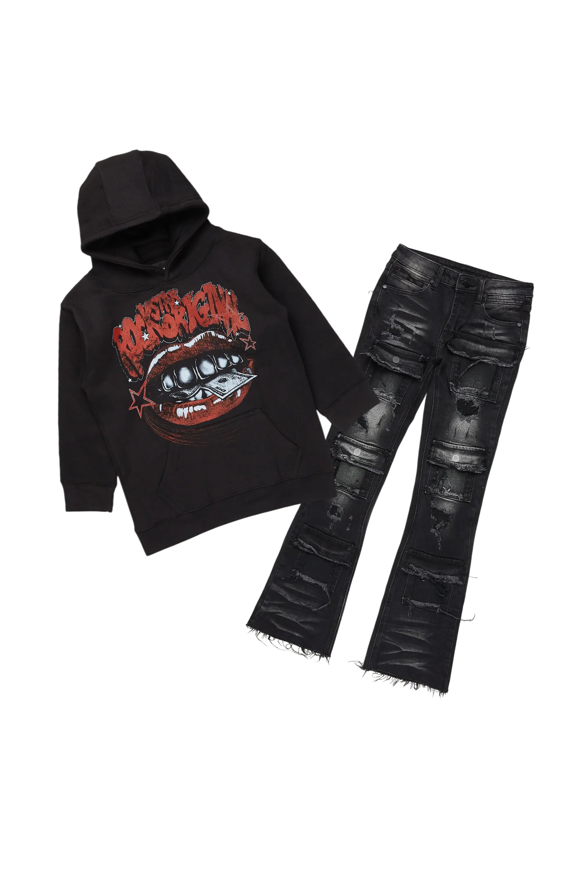 women's leather pantsBoys Bloke Black Hoodie/Stacked Flare Jean Set