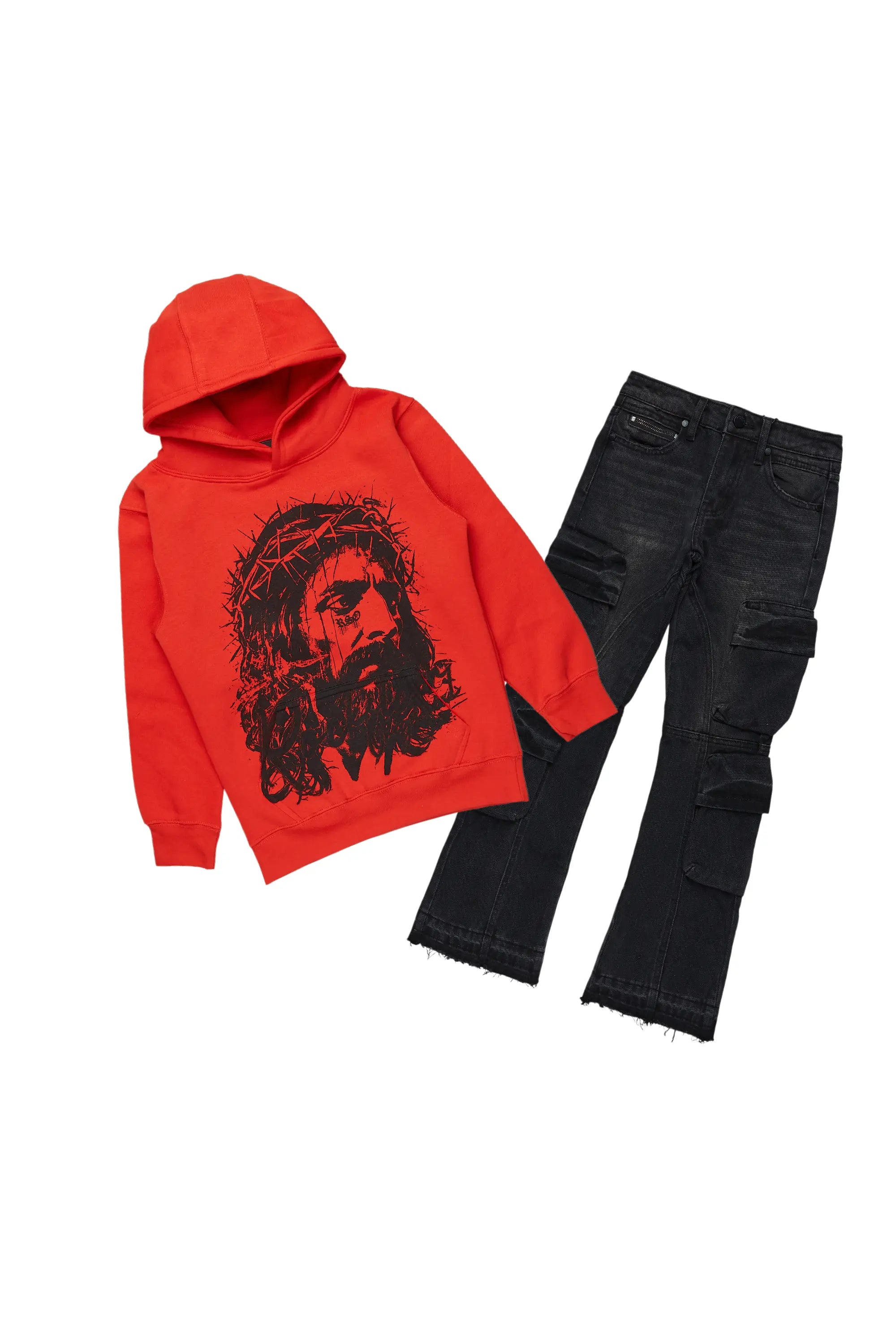 women's party pantsBoys Bedros Red/Black Hoodie/Stacked Flare Jean Set