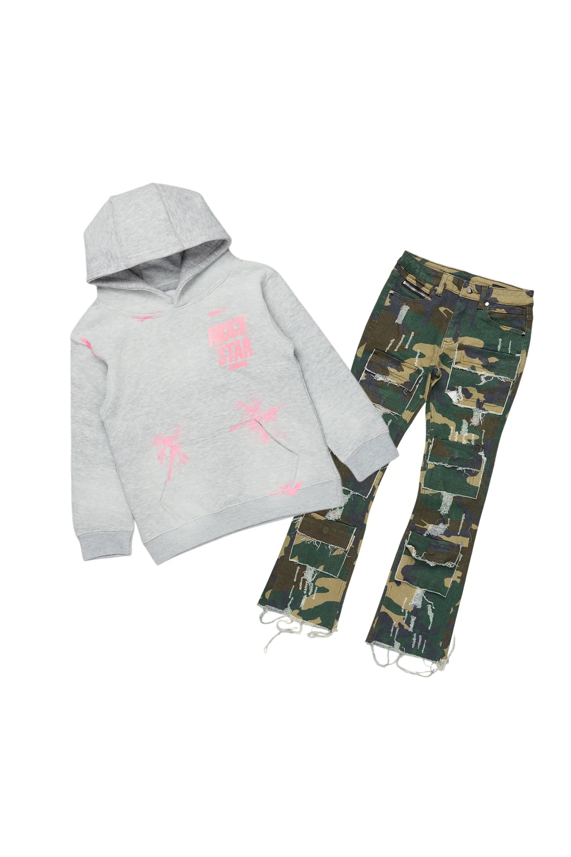 women's solid-color pantsGirls Aimee Green Camo/Grey Hoodie/Stacked Flare Jean Set