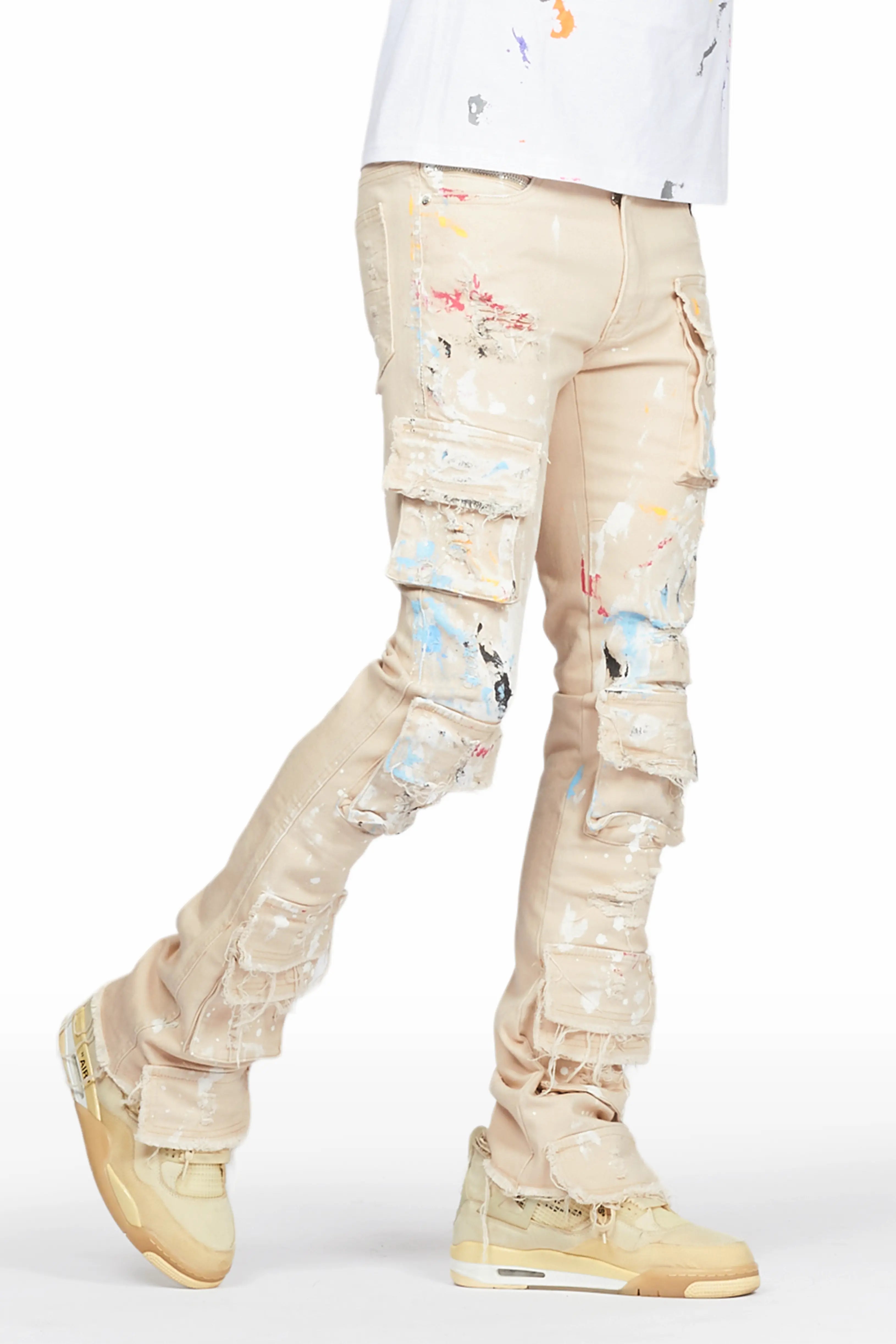 women's patterned pantsOrien Beige Painter Stacked Flare Jean