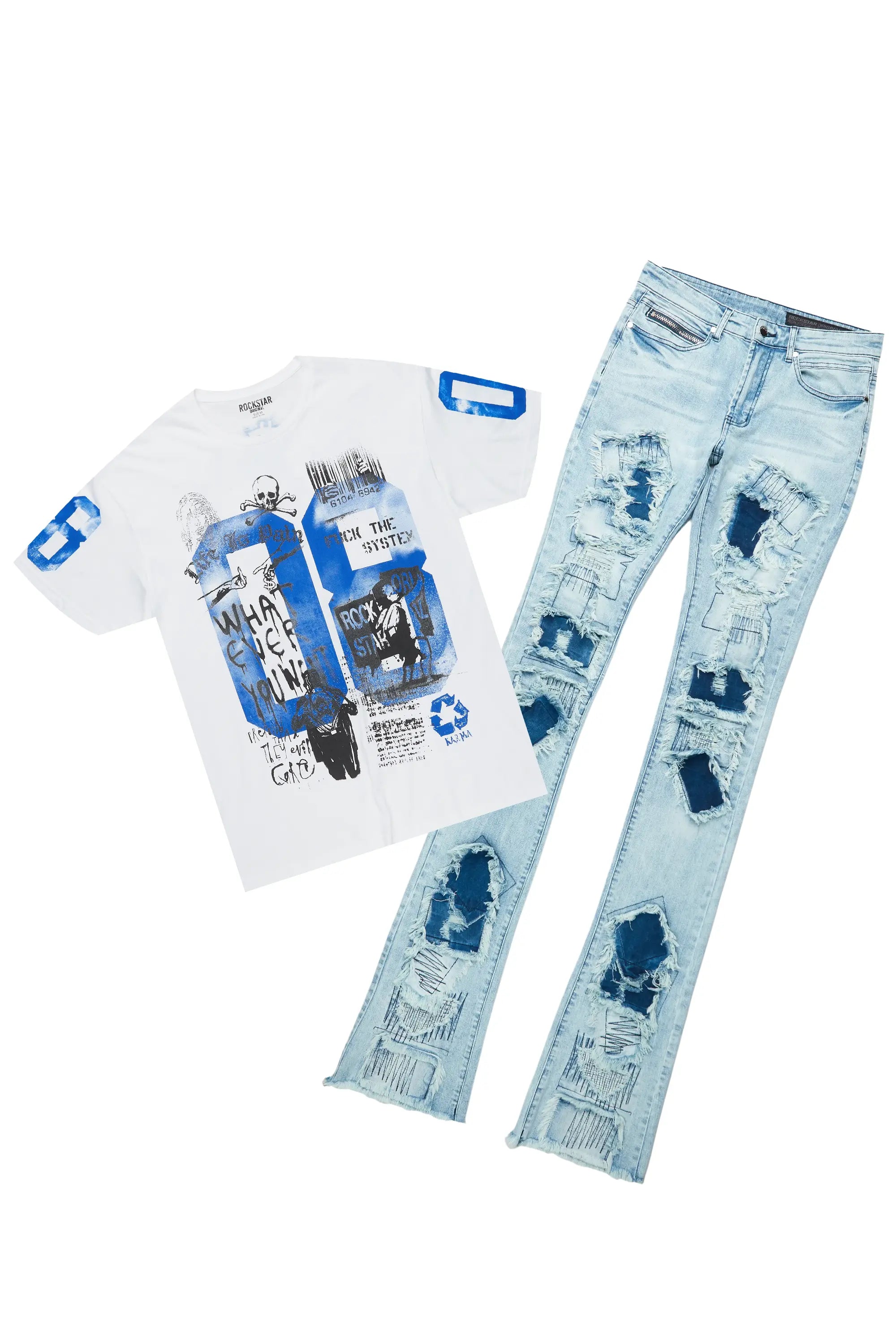 women's denim pantsGrill White/Blue T-Shirt & Camden Super Stacked Flare Jean Bundle