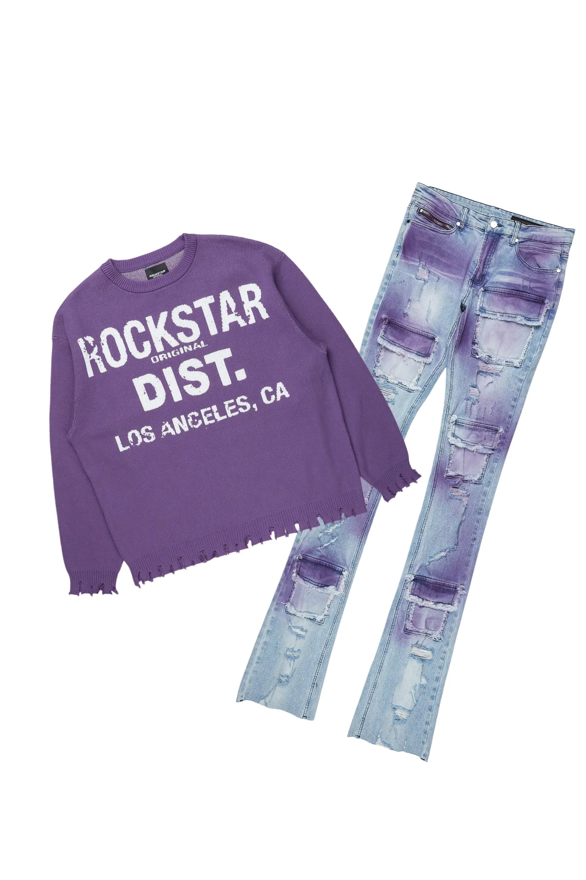 women's distressed pantsMallow Purple Knit Sweater/Super Stacked Flare Jean Bundle