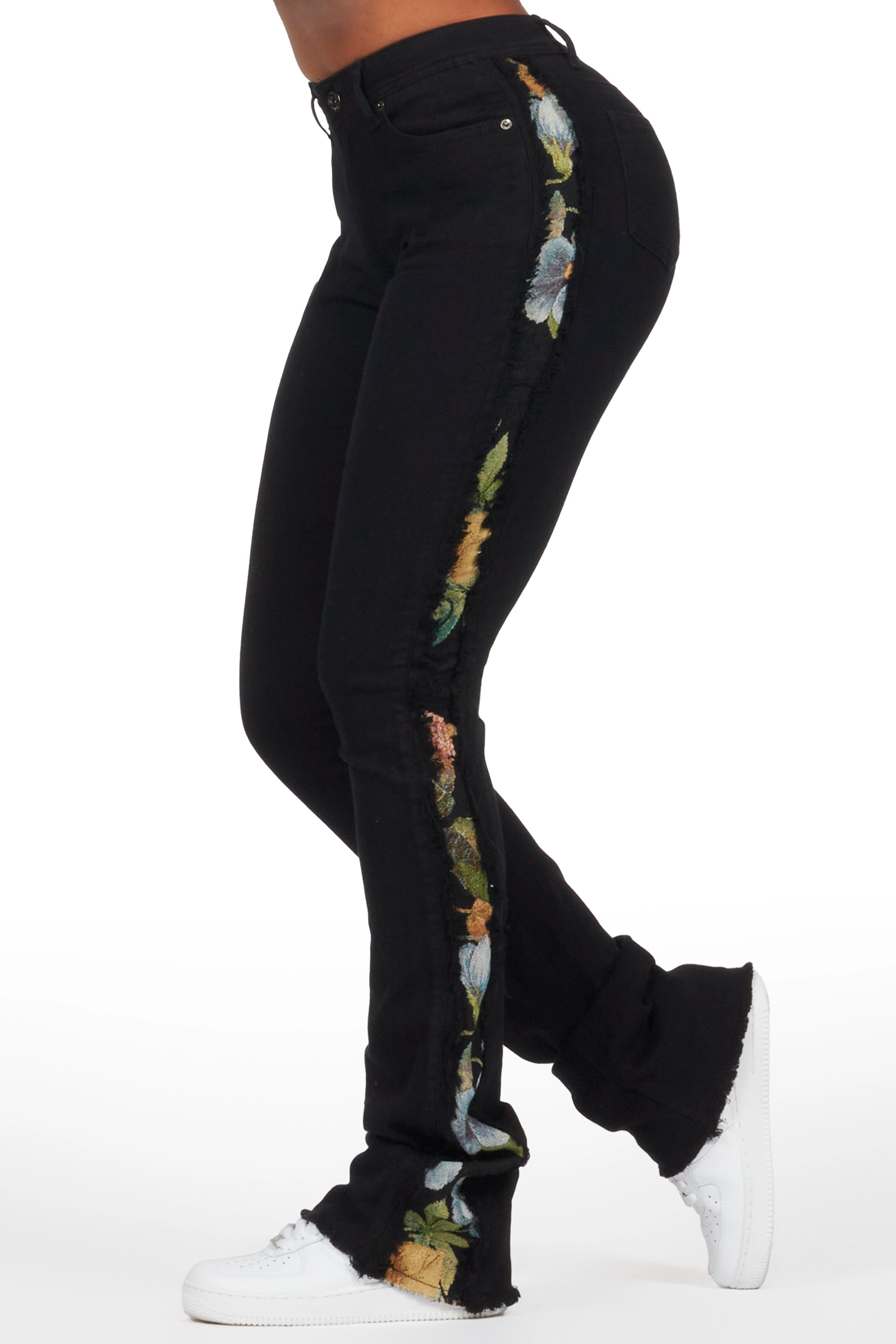 women's silk pantsKymonique Black Tapestry Stacked Flare Jean