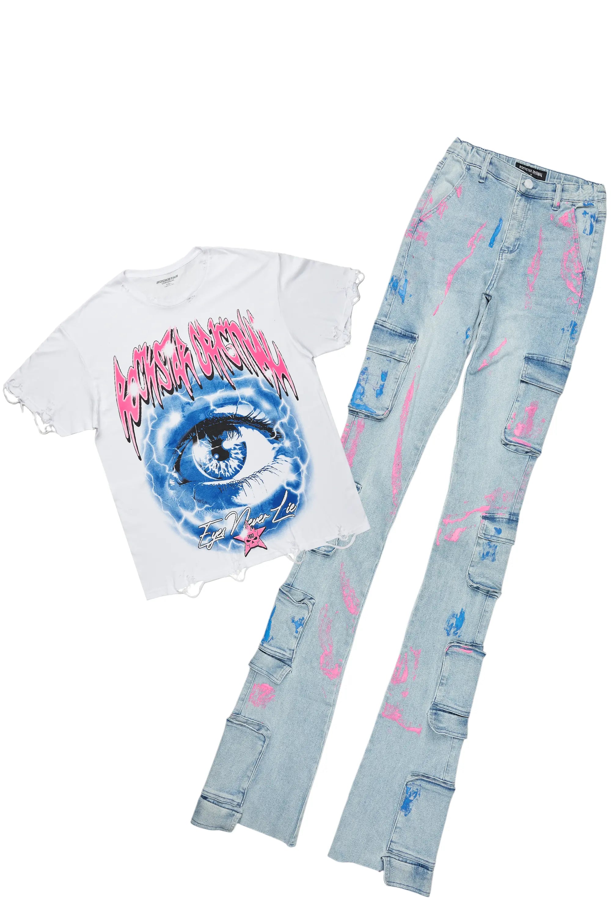 women's stretch pantsJakeisha White/Blue T-Shirt/Super Stacked Jean Set