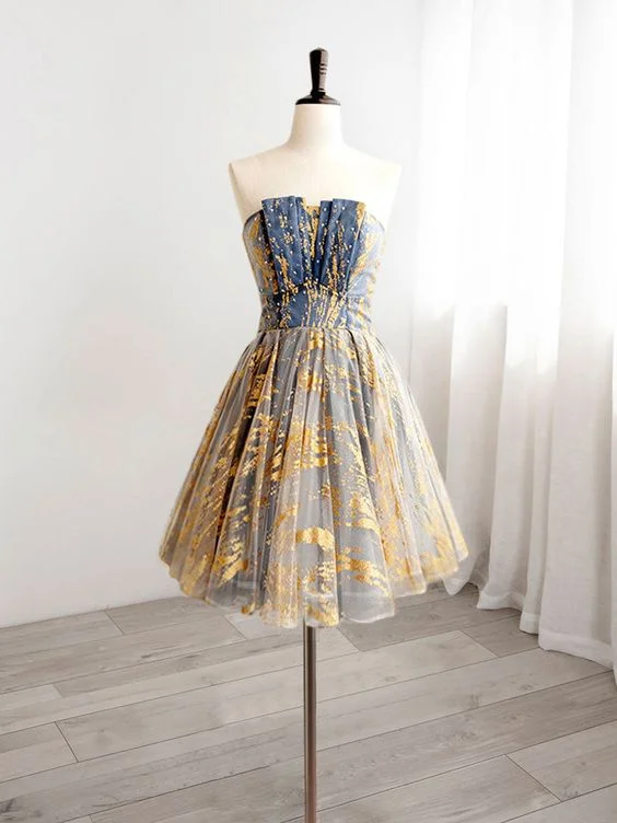 women's breathable dressesA-Line Gold/Blue Lace Short Prom Dress, Cute Homecoming Dress with Beading       S3201