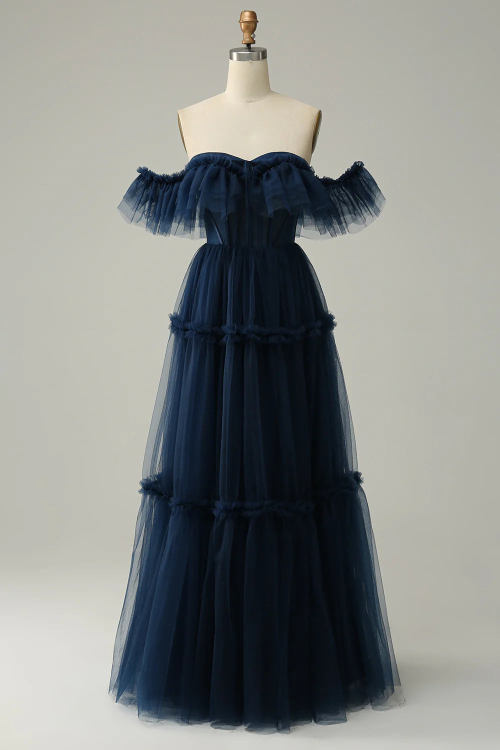 women's unique dressesA-Line Off the Shoulder Sweetheart Tulle Navy Long Prom Dress