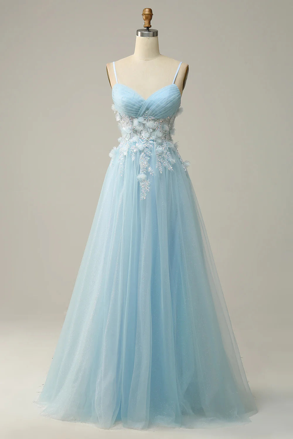 women's work dressesA Line Spaghetti Straps Sky Blue Prom Dress with Appliques