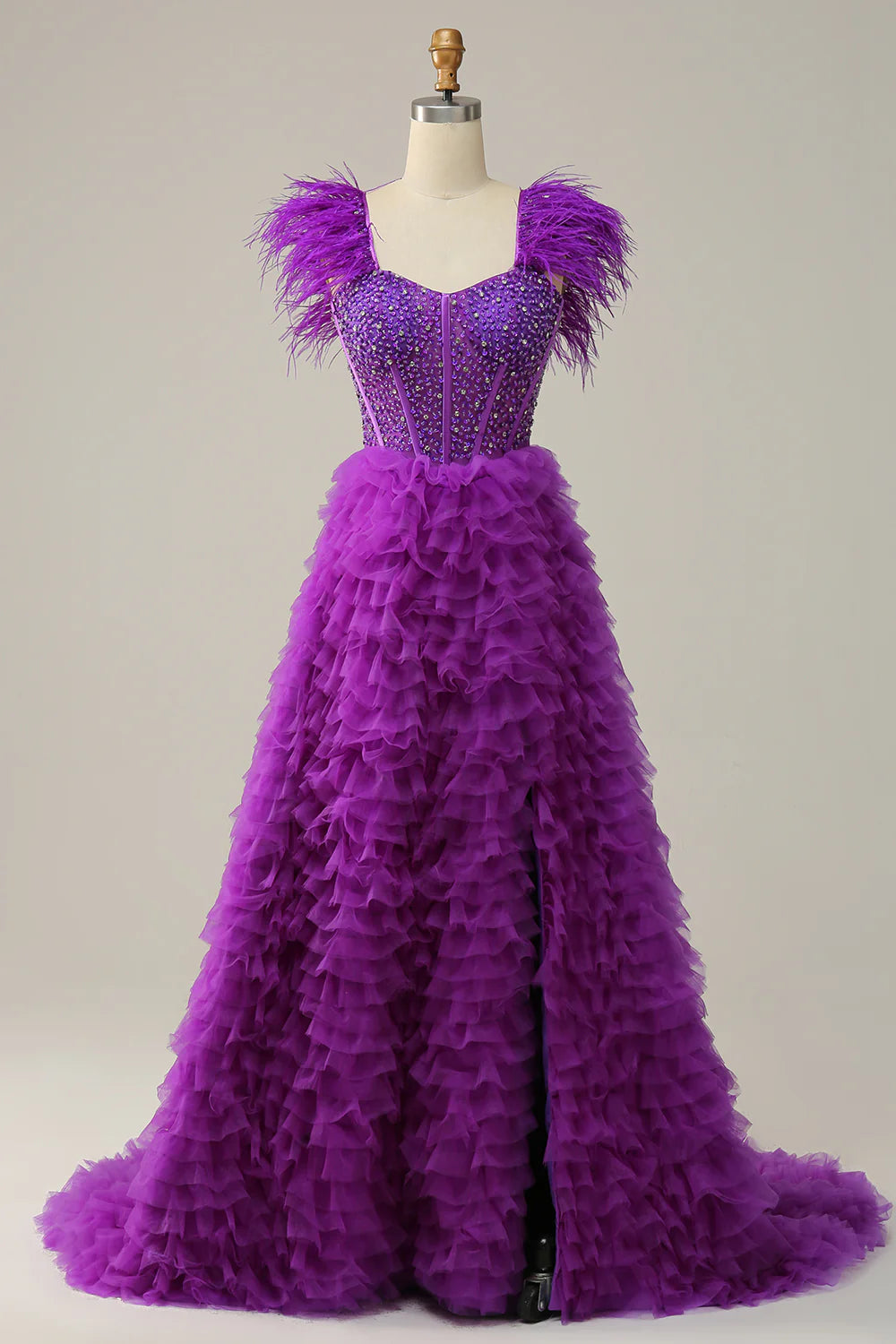 women's boho dressesA Line Sweetheart Purple Long Prom Dress with Beading Feathers