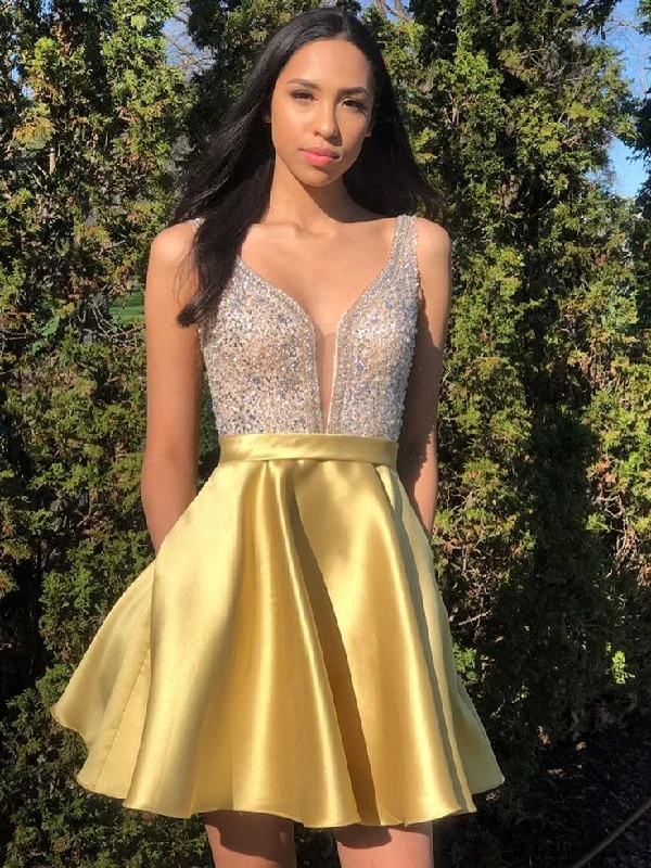 women's prom dressesA Line V Neck Short Yellow Beaded Prom Dresses, Short Yellow Beaded Formal Homecoming Dresses      S3088