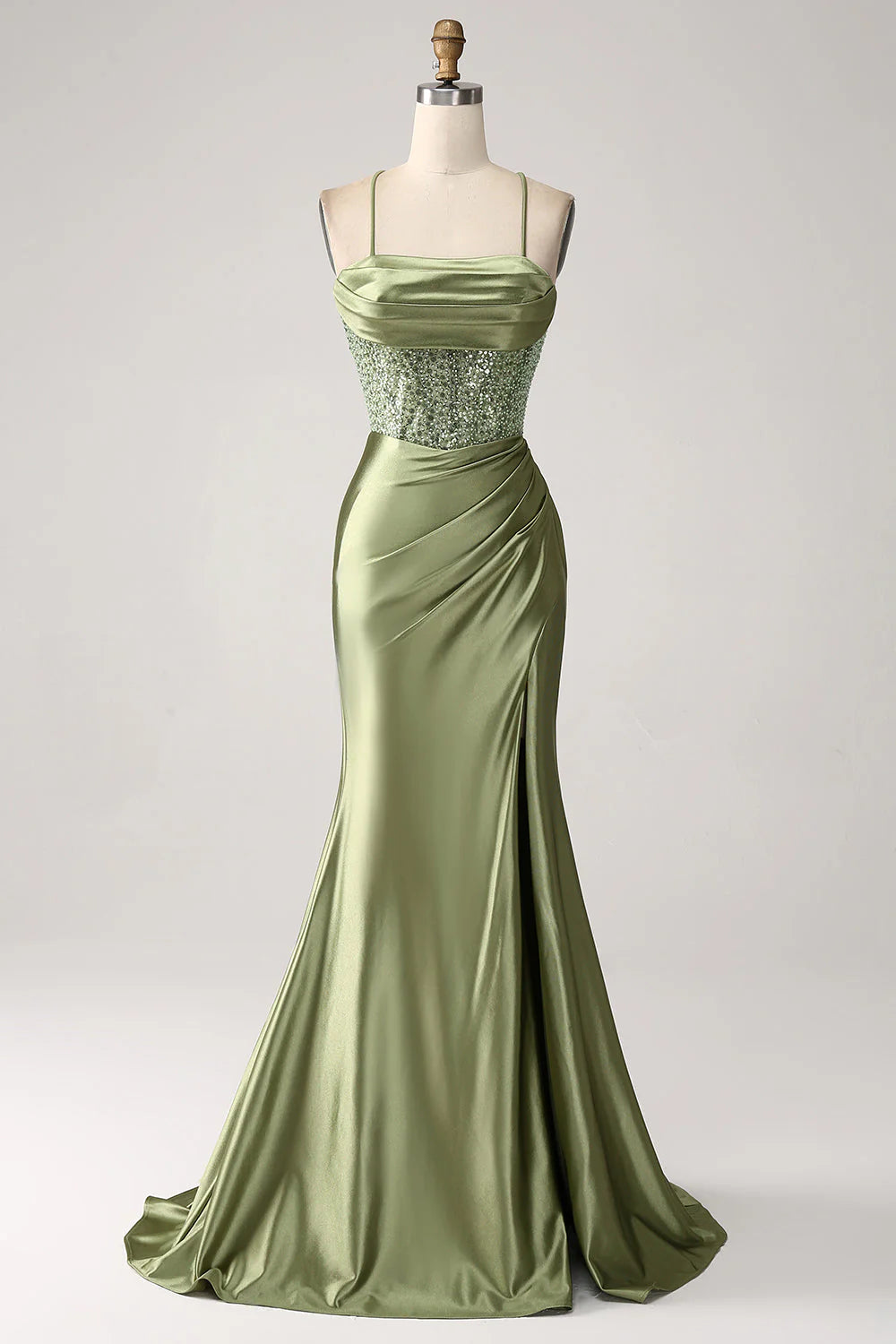 women's sheath dressesAmzcw Army Green Mermaid Cowl Neckline Sequin Long Prom Dress With Slit