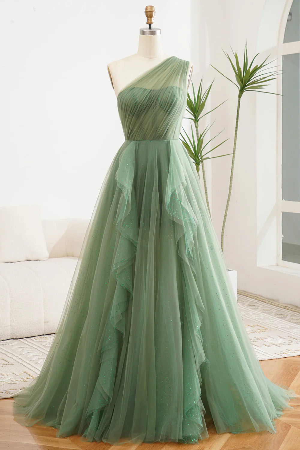 women's bridesmaid dressesAmzcw Dark Green A-Line One Shoulder Tulle Long Prom Dress With Slit