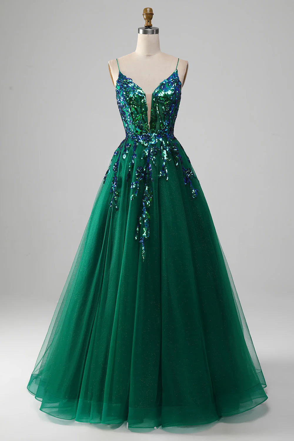 women's apple-shaped body dressesAmzcw Dark Green Ball-Gown Spaghetti Straps Tulle Prom Dress with Sequins prom dresses with long sleeves