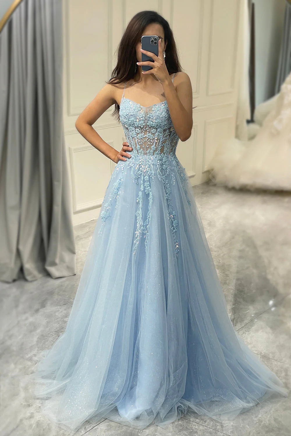 women's sleeveless dressesAmzcw Light Blue A Line Tulle Long Prom Dress With Appliques prom dresses with long sleeves