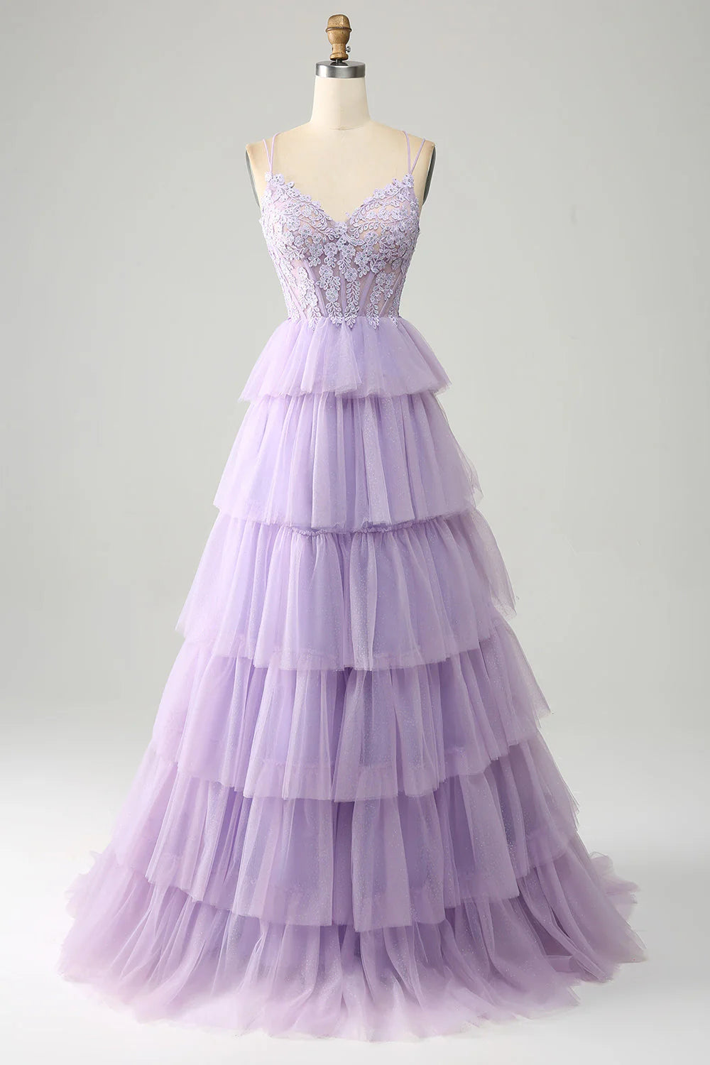 women's unique dressesAmzcw Lilac Princess Spaghetti Straps Tiered Corset Tulle Prom Dress with Appliques prom dress store