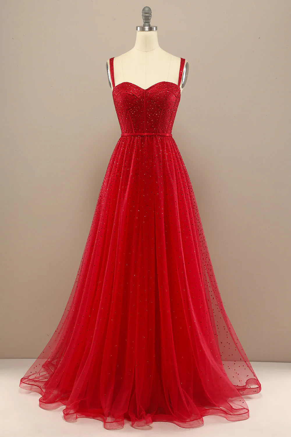 women's short-sleeved dressesAmzcw Red A Line Sweetheart Tulle Long Prom Dress with Beading