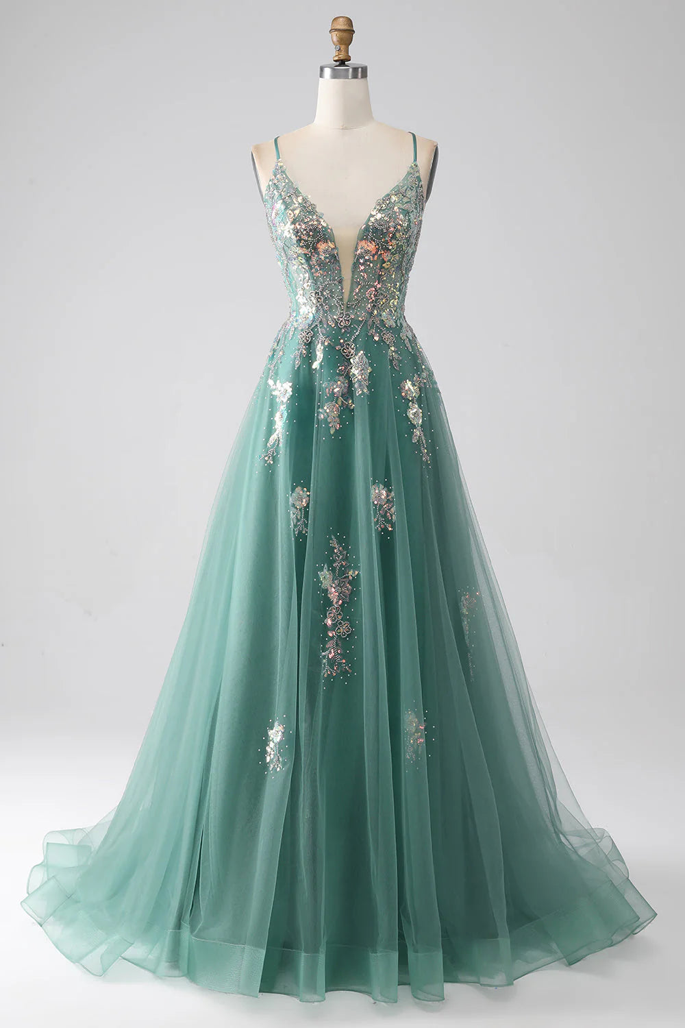 women's halter dressesAmzcw Sparkly Green A-Line Spaghetti Straps Long Prom Dress With Sequin Appliques prom dresses with long sleeves