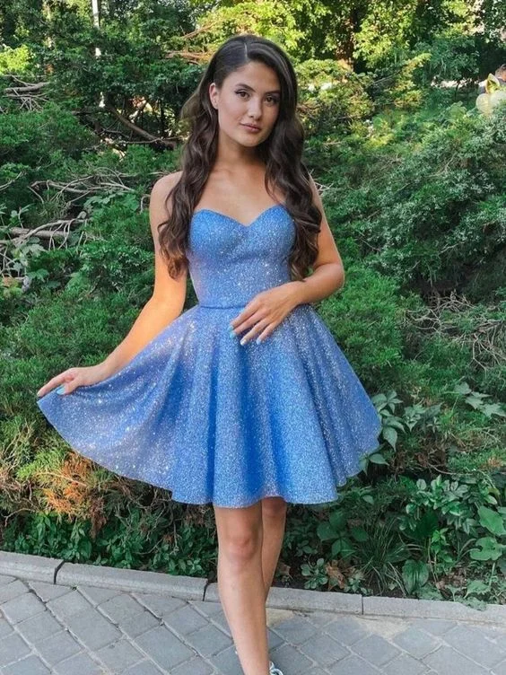 women's retro dressesblue sweetheart neck tulle short prom dress, blue homecoming dress        S3214