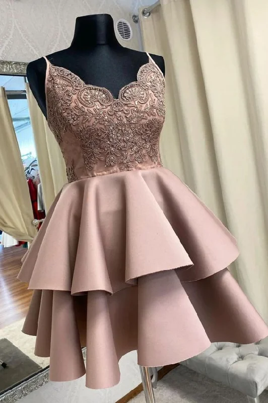 women's luxury dressesCute Satin Layers Short Prom Dress Homecoming Dress, V-neckline Prom Dress     S3112