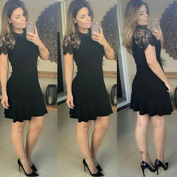 women's maximalist dressesCute Short Lace Black Short Sweet 16 Black Prom Dresses       S2999