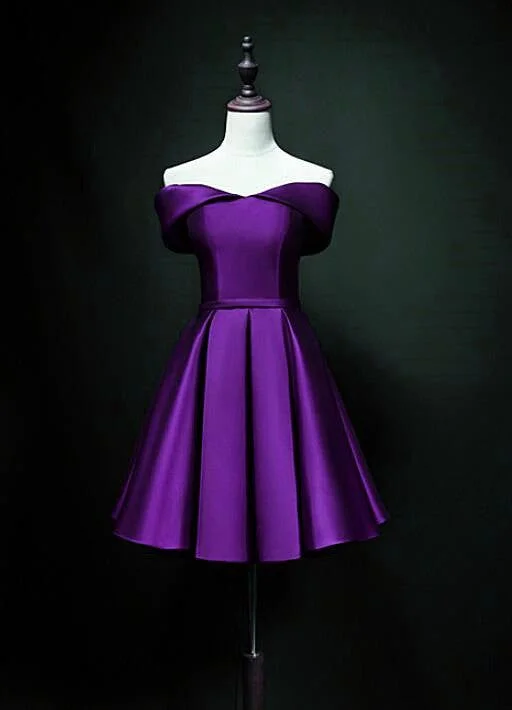 women's bespoke dressesCute Short Sweetheart Satin Off Shoulder Purple Short Prom Dresses       S2968