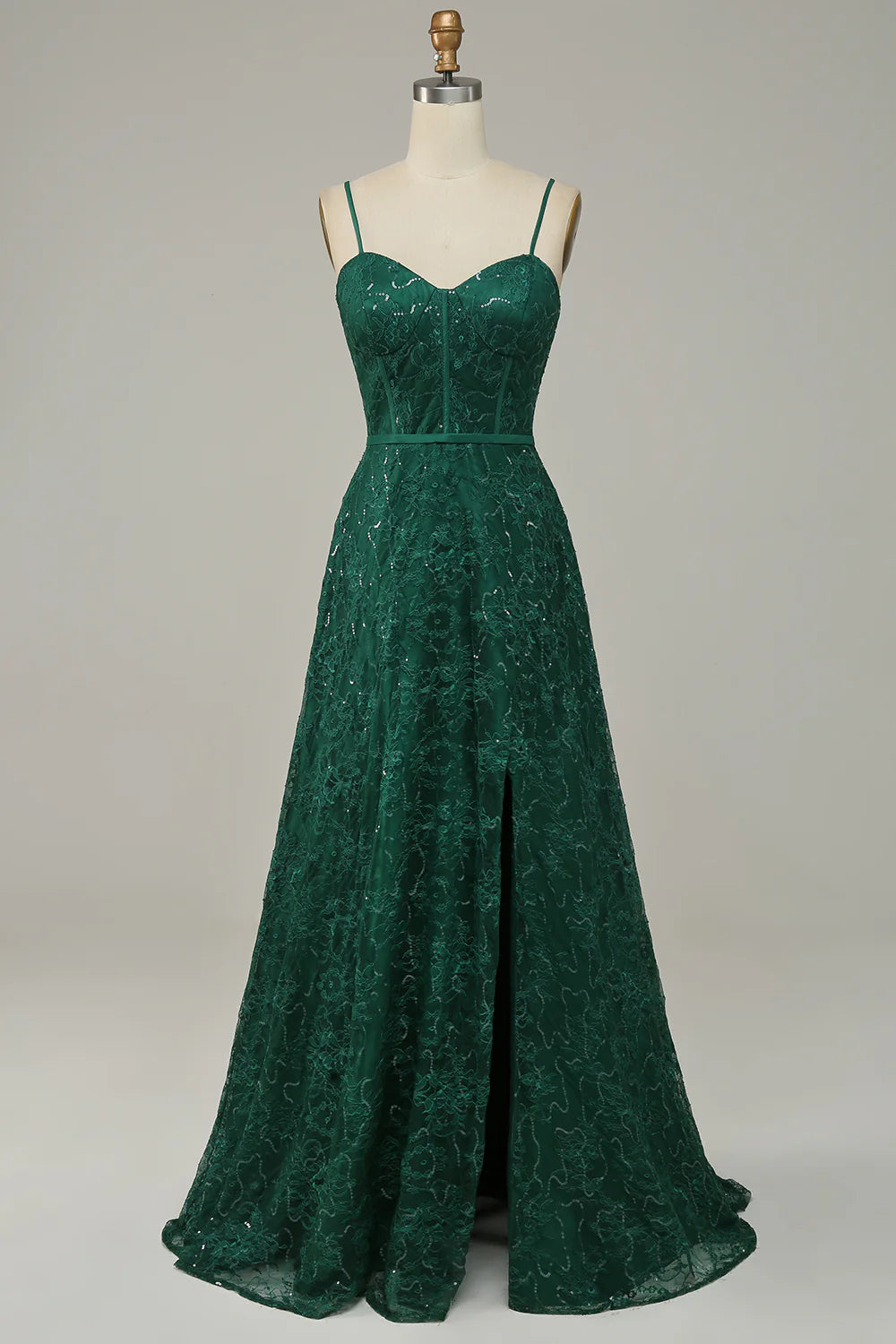 women's denim dressesDark Green Lace Spaghetti Straps Corset Prom Dress