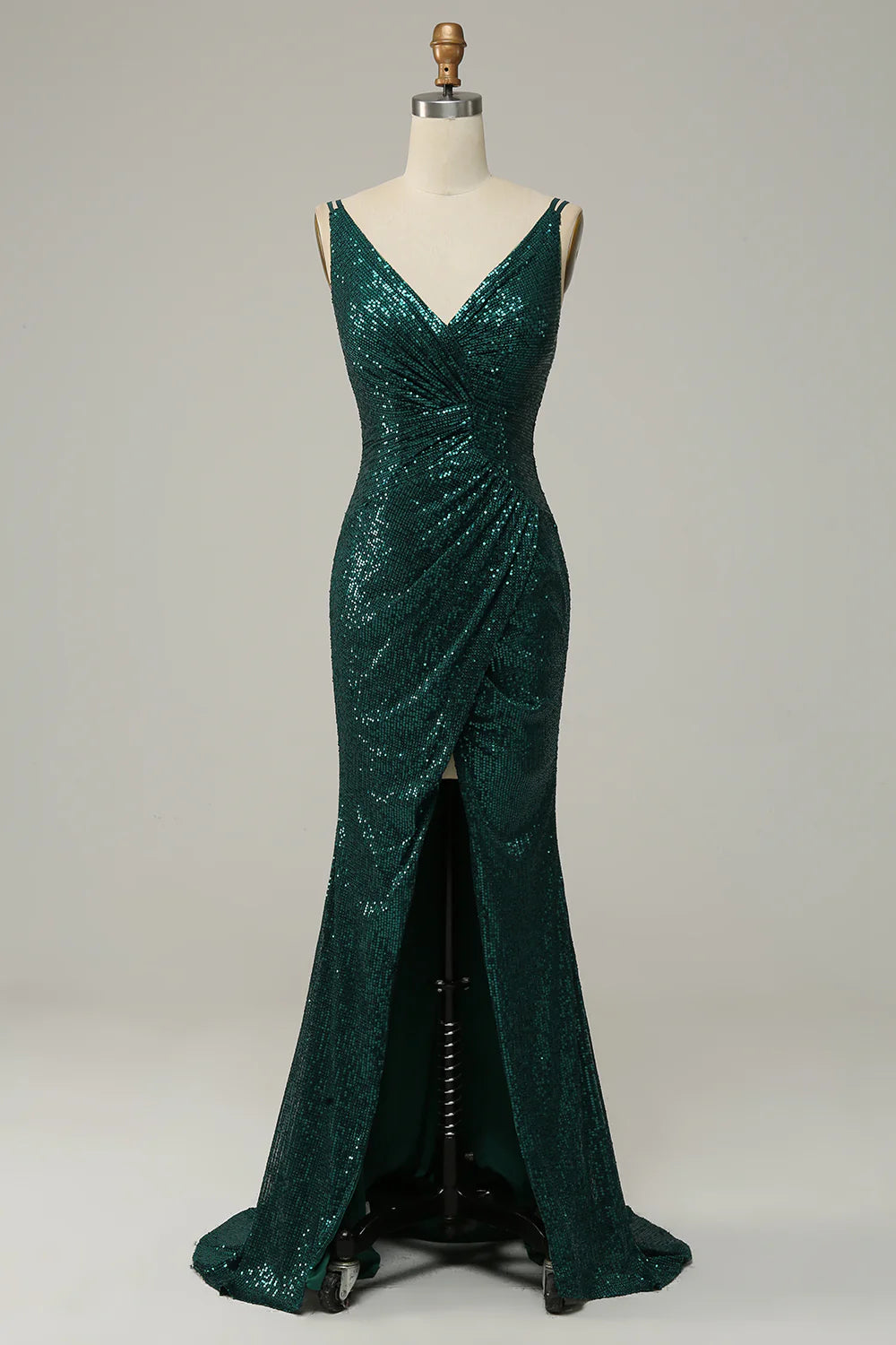 women's chiffon dressesDark Green Sequined Spaghetti Straps Prom Dress With Slit