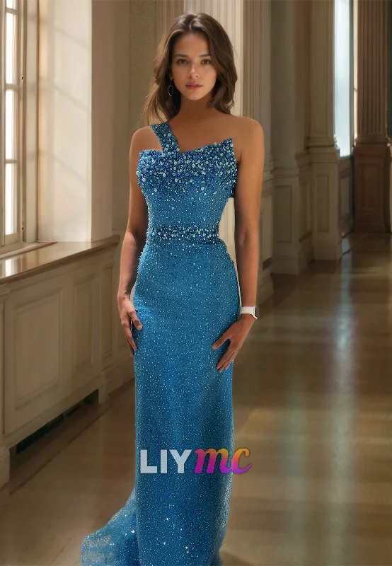 women's high-low dressesAsymmetrical Sleeveless Beaded Sequins Mermaid Prom Dress