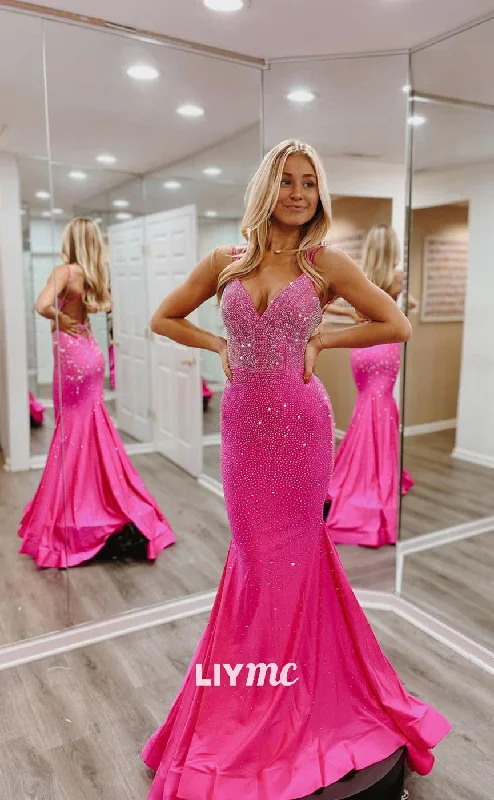 women's satin dressesLP1070 - Sexy V Neck Beads Pink Mermaid Long Formal Prom Dress