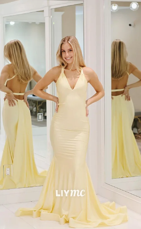 women's cotton dressesLP1073 - Sexy V Neck Satin Ruched Mermaid Yellow Formal Prom Dress