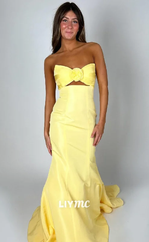 women's floral dressesLP1075 - Sweetheart Bow Ruched Mermaid Yellow Formal Prom Dress