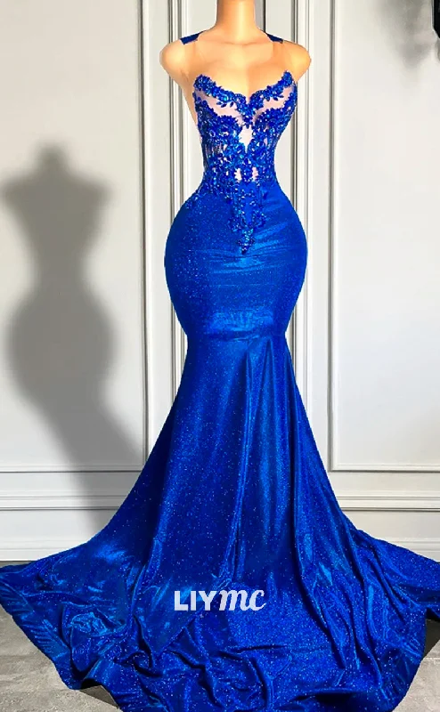 women's smart casual dressesLP1437 - V-Neck Sleeveless Beaded Appliques Illusion Mermaid Prom Dress for Black Girls Slay