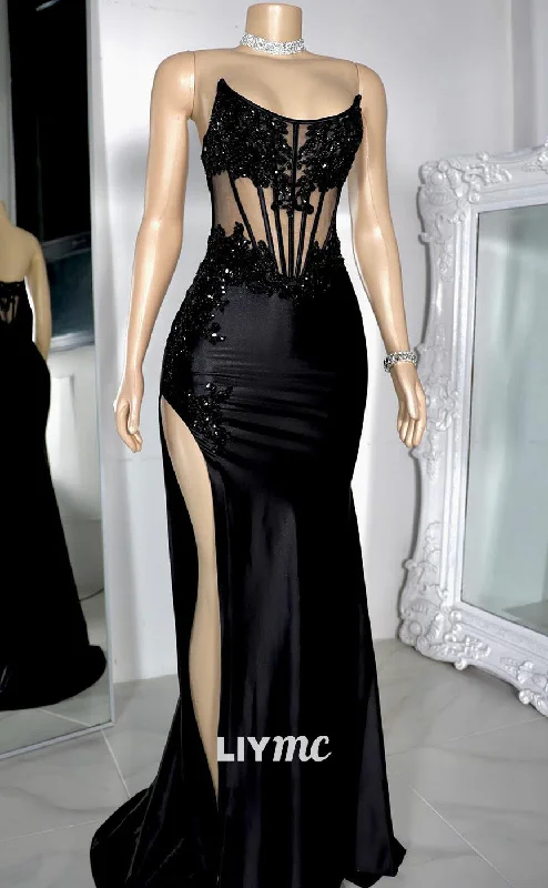 women's ball gown dressesLP1961 - Scoop Strapless Appliques Sheer High Slit Mermaid Prom Dress