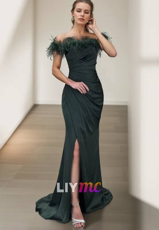 women's eco-friendly dressesLP2266 - Off-Shoulder Strapless Pleated Feathered Side Slit Sheath Prom Dress