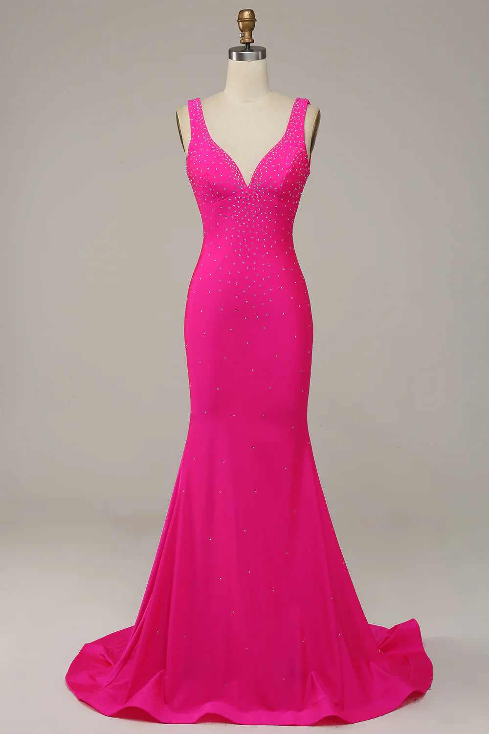 women's halter dressesFuchsia Mermaid V-Neck Beaded Prom Dress