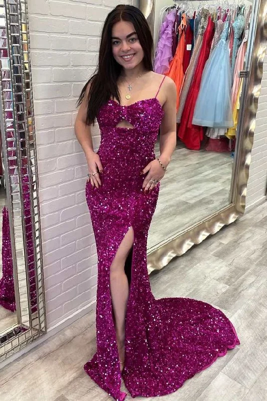 women's bell-sleeved dressesFuchsia Sequin Keyhole Mermaid Long Prom Dress with Slit     S3154