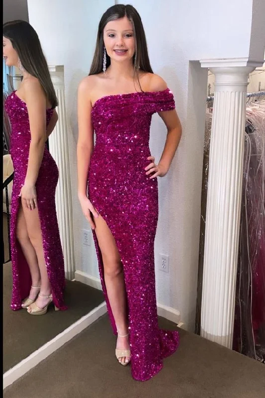 women's flutter-sleeved dressesFuchsia Sequin One-Shoulder Long Prom Dress with Slit      S3153