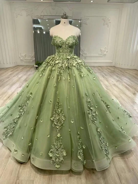 women's bodycon dressesGreen sweetheart neck tulle lace prom dress, ball gown dress        S3021