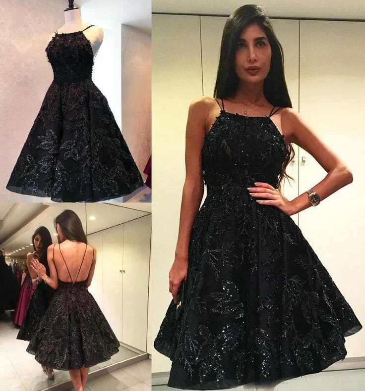 women's maximalist dressesLittle Black Dresses, Black Short Prom Dresses, Halter Black Homecoming Dress      S3212