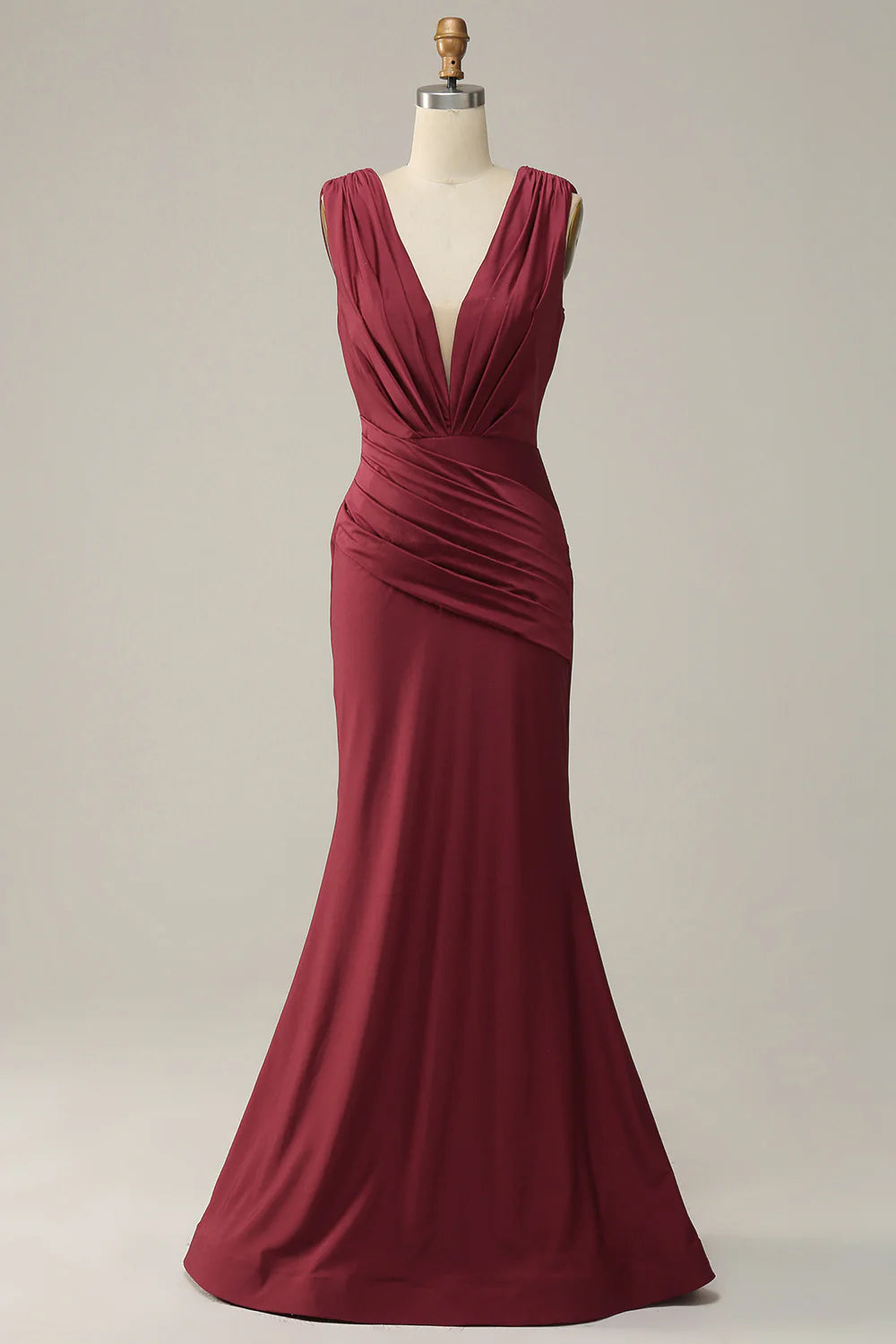 women's empire-line dressesMermaid Deep V Neck Burgundy Sleeveless Long Prom Dress