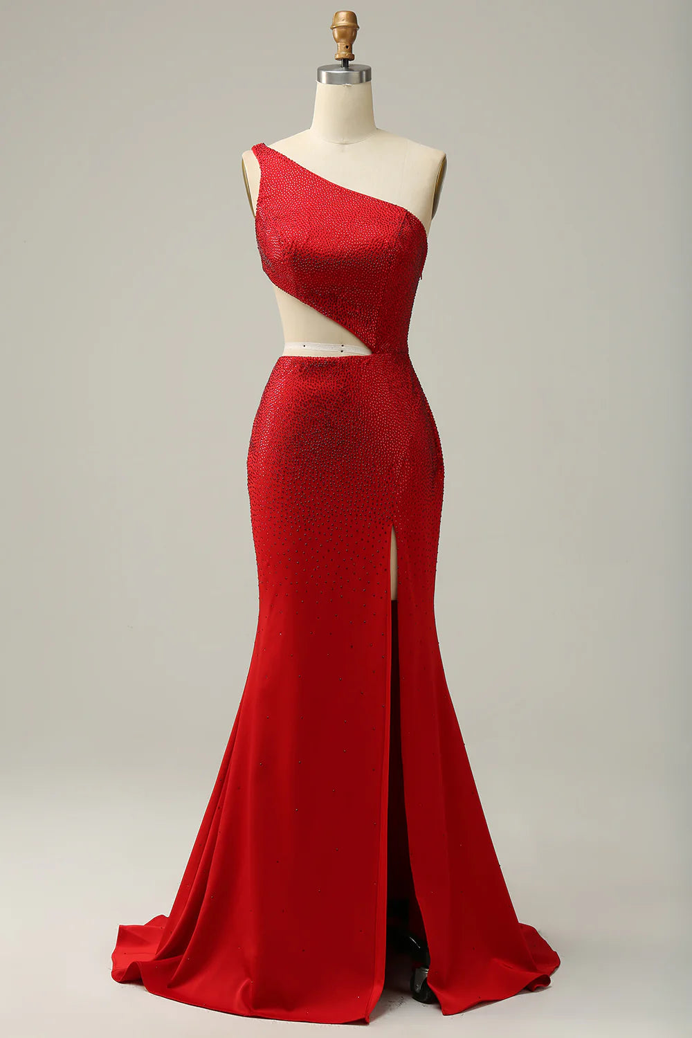 women's fair-trade dressesMermaid One Shoulder Red Cut Out Prom Dress with Beading