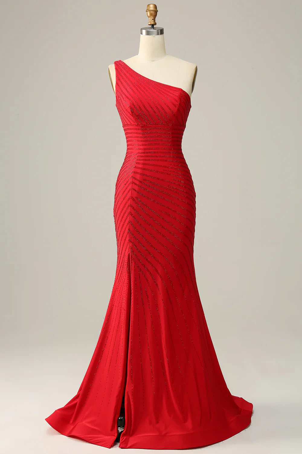 women's bridesmaid dressesMermaid One Shoulder Red Long Prom Dress with Beading