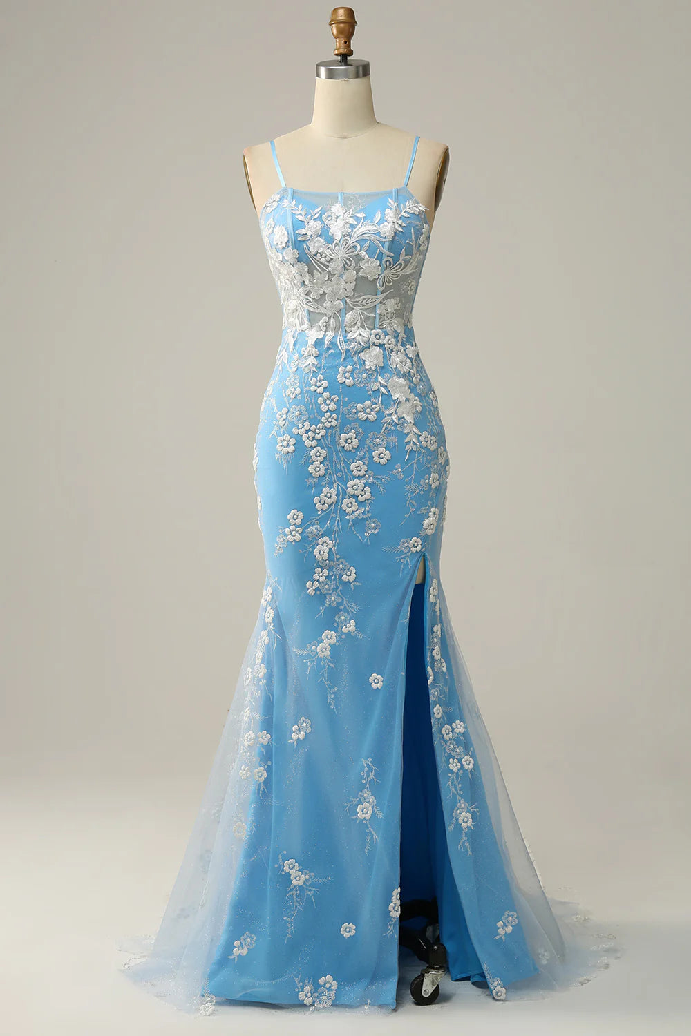 women's high-end dressesMermaid Spaghetti Straps Blue Long Prom Dress with Appliques