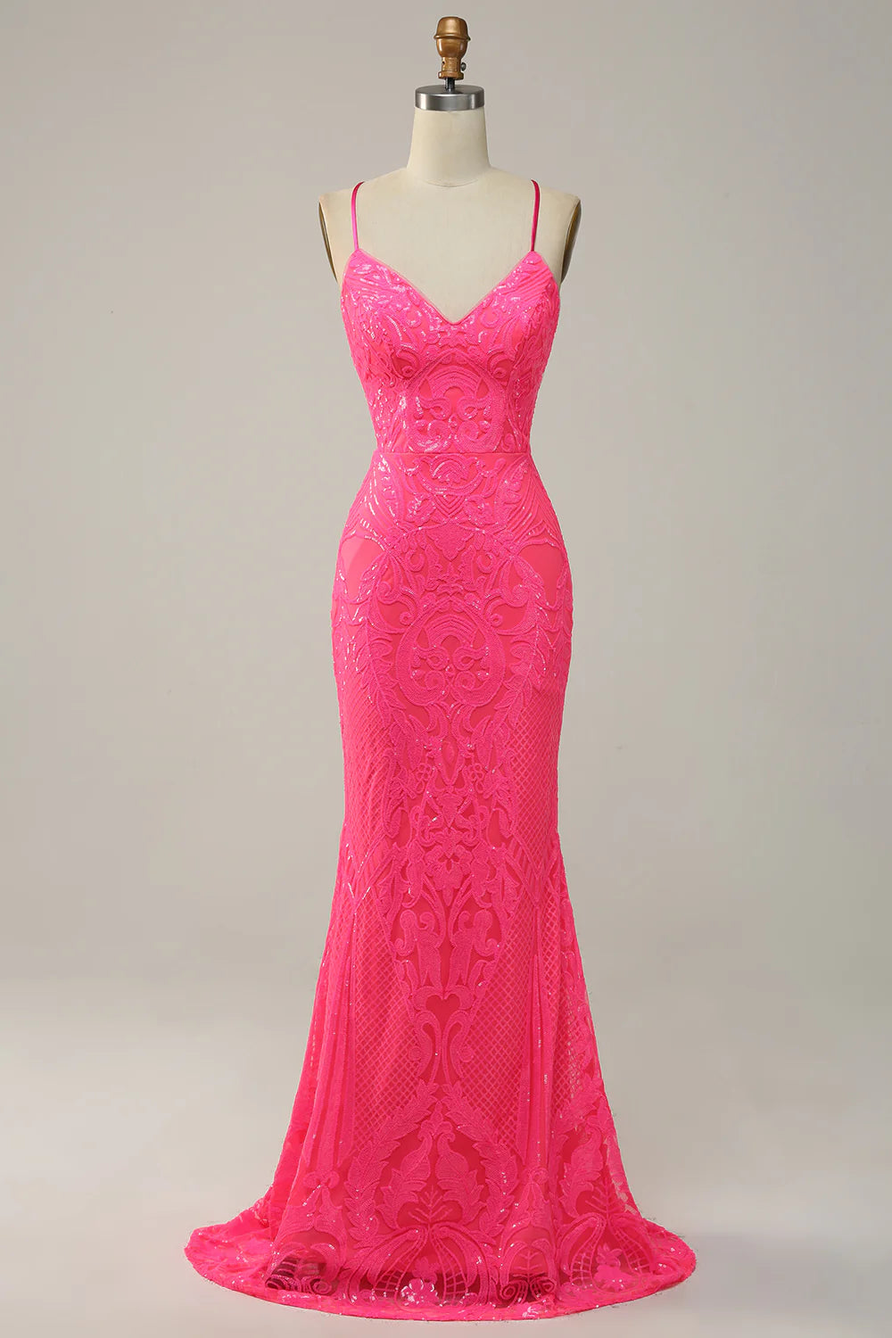 women's bespoke dressesMermaid Spaghetti Straps Sequined Hot Pink Long Prom Dress