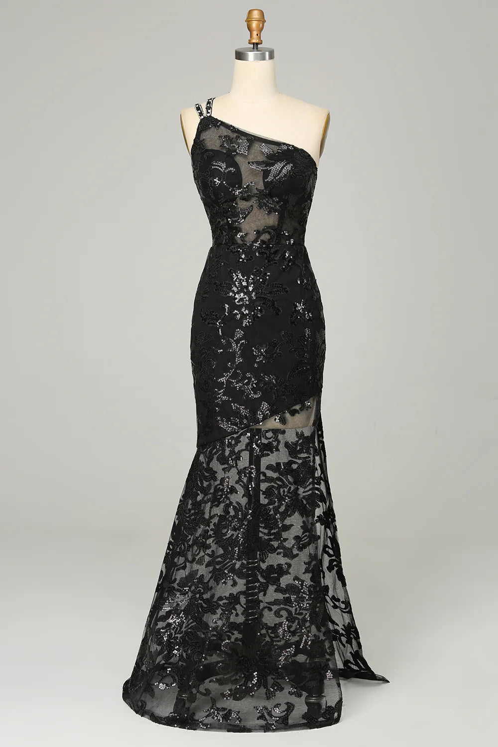 women's petite dressesSheath One Shoulder Backless Black Lace Long Prom Dress