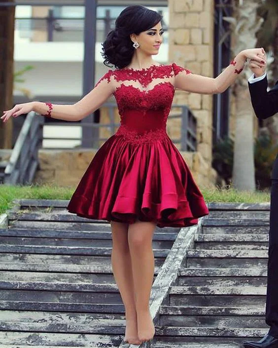 women's glam dressesShort Ball Gown High Neckline with Long Sleeves Lace Dark Wine Red Backless Lace Prom Dress         S3213