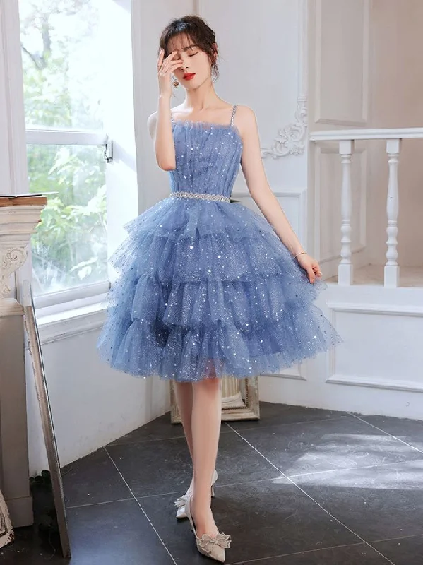 women's ethical fashion dressesShort Puffy Blue Prom Dress, Tulle Short Blue Puffy Homecoming Dress     S2690