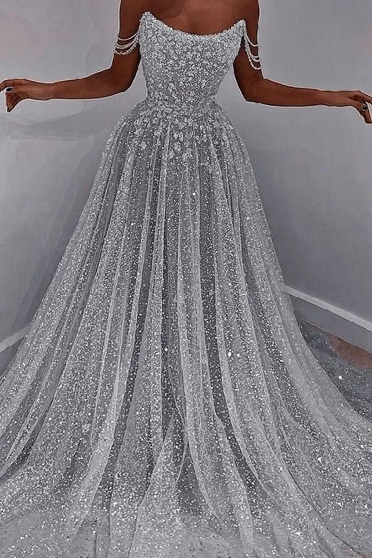 women's vacation dressesSparkly Silver A-line Off Shoulder Long Prom Dresses     S2901