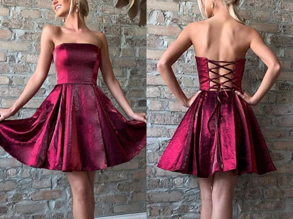 women's evening dressesStrapless Burgundy Satin Short Prom Dresses     S3192