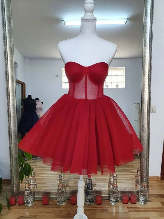 women's denim dressesSweetheart Neck Short Red Prom Dresses, Short Red Formal Graduation Homecoming Dresses     S3169