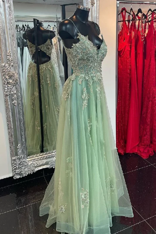 women's wrinkle-resistant dressesV Neck Straps Beaded Appliques Keyhole Long Prom Dress with Slit       S3204